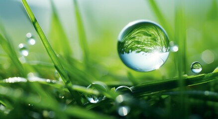 Dew-Kissed Oasis: Close-Up Shot of Water Droplet on Vibrant Green Grass Generative AI