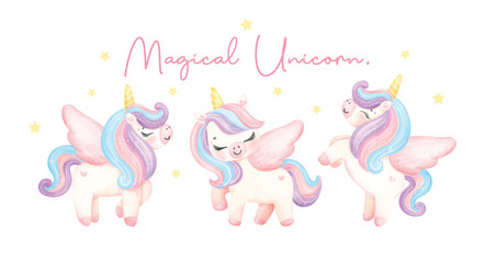 group of Cute unicorns watercolor banner, dreamy nursery Art illustration. Magical Unicorn. © Natsicha
