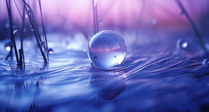 Dew-Kissed Morning: Close-up of a Water Droplet on Blue Grass Generative AI