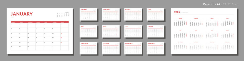 Set of Monthly pages Calendar Planner Templates 2024. Vector layout of a wall or desk simple calendar with week start Monday. Calendar grid in black color for print. Pages for size A4 or 21x29.7 cm - obrazy, fototapety, plakaty