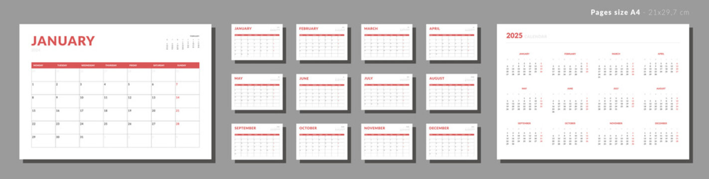 Set of Monthly pages Calendar Planner Templates 2024. Vector layout of a wall or desk simple calendar with week start Monday. Calendar grid in black color for print. Pages for size A4 or 21x29.7 cm