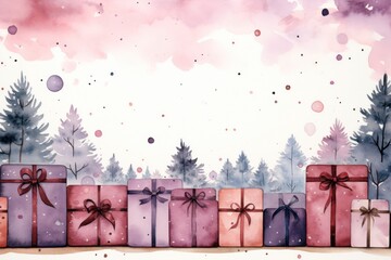 Cartoon pile of Christmas gifts in colorful gift boxes in watercolor style. Bright holiday boxes for gifts or congratulations.copy space. free space for text
