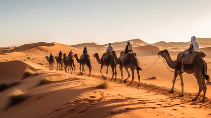 Fototapeta na wymiar Caravan with group of tourists riding camels through Dubai desert during safari adventure