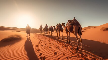 Caravan with group of tourists riding camels through Dubai desert during safari adventure - obrazy, fototapety, plakaty