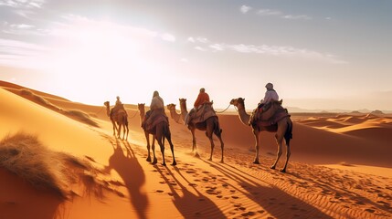 Caravan with group of tourists riding camels through Dubai desert during safari adventure - obrazy, fototapety, plakaty