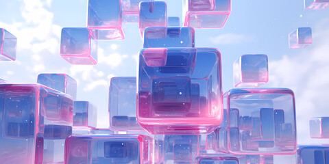 An abstract blue blue bubble cube - obrazy, fototapety, plakaty