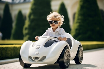 a blond boy in a white shirt and sunglasses rides a children's electric car in the courtyard of a mansion