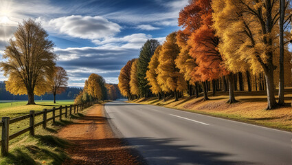 autumn landscape with road,
A road with autumn leaves and a fence on the left side.
A road with trees on both sides and a fence on the right side.
