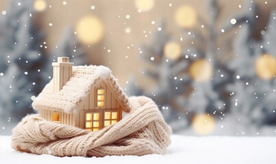 house with a knitted roof and a scarf in the snow on a Christmas winter background. heating system concept and cold snowy weather.copy space - obrazy, fototapety, plakaty