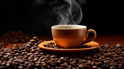 Hot steamed coffee and coffee beans 