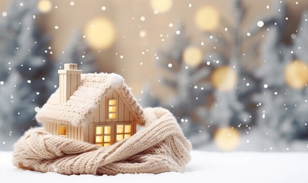 house with a knitted roof and a scarf in the snow on a Christmas winter background. heating system concept and cold snowy weather.copy space