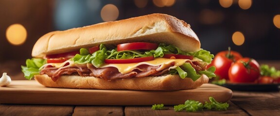 A warm, toasted sub sandwich stuffed with Italian meats, cheese, lettuce, tomato, and onions - obrazy, fototapety, plakaty