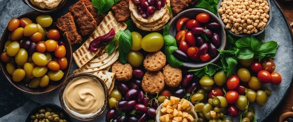 An overhead shot of a Mediterranean mezze platter, with hummus, olives, and falafel