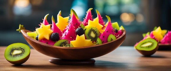 A bowl of exotic fruits, with dragon fruit, star fruit, and kiwi, sliced to reveal the vibrant 