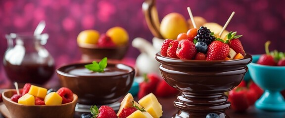 A decadent chocolate fondue pot with various fruits and sweets for dipping - obrazy, fototapety, plakaty
