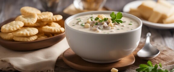  A creamy bowl of New England clam chowder, served with oyster crackers and a sprinkle of chives - obrazy, fototapety, plakaty