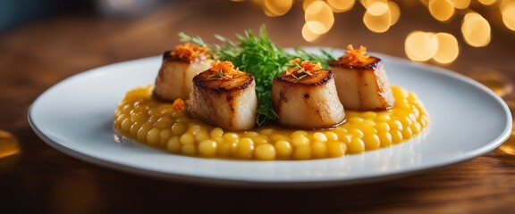 A delicate tower of seared scallops, each with a golden crust, arranged over a bed of saffron-infuse