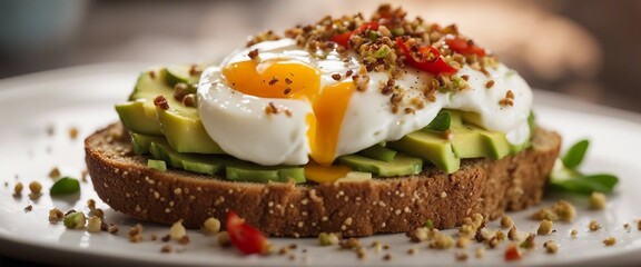A fresh avocado toast on whole grain bread, topped with poached eggs and a sprinkle of red pepper