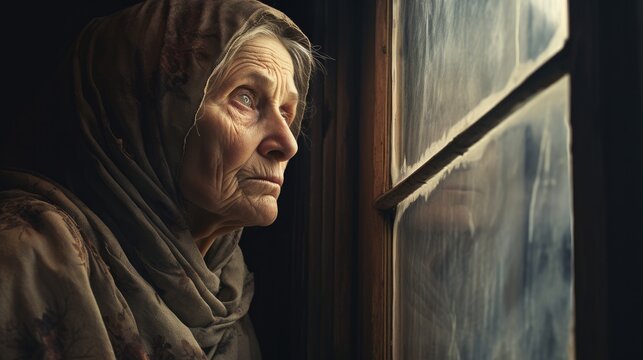 Old-eyed Woman Looking Out The Window 