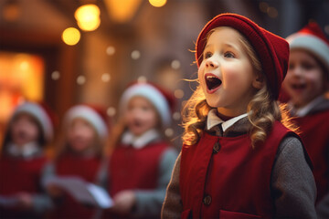 Cheerful children sings Christmas carols on the street on Christmas Eve.racial diversity - obrazy, fototapety, plakaty