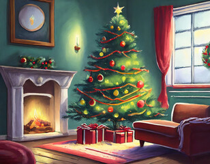 Christmas tree in living room. Vector art.