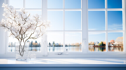 twigs of cherry with white flowers in a glass vase on the windowsill against the backdrop of a blurred landscape. place for text, background