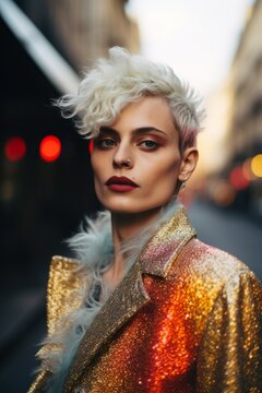 Street Photo Portrait of Non Binary Person Model with Bleached Blonde Spiked Hair and wild fashion, cool edgy look, glitter fashion, trans, golden jacket, angular features, chiselled face, androgynous
