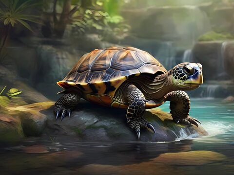 A turtle on a rock, realistic design, digital illustration, colorful, pure background