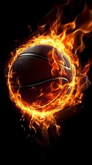 Basketball ball in flames and lights with world spheres against black background. Vector illustration.