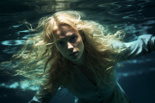 Portrait of a young androgyne with long hair in clothes, swimming underwater. looks at the camera