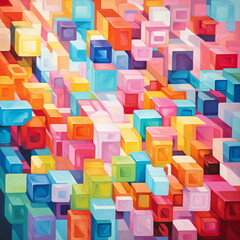 An abstract painting of colorful cubes