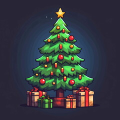 A pixel art christmas tree with presents under it