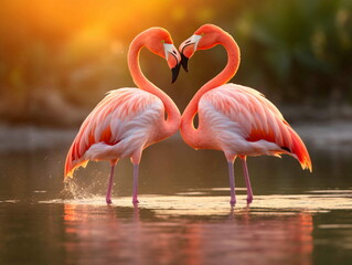 Two flamingos standing in the water making a heart shape - Powered by Adobe