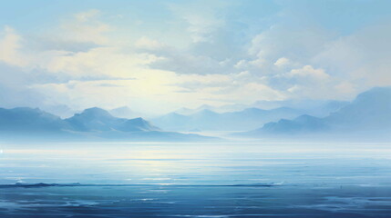 A digital painting landscape of the blue sea under a blue sky covered in clouds