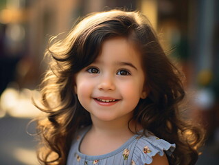 A photo of a little girl smiling at the camera wearing a blue dress
