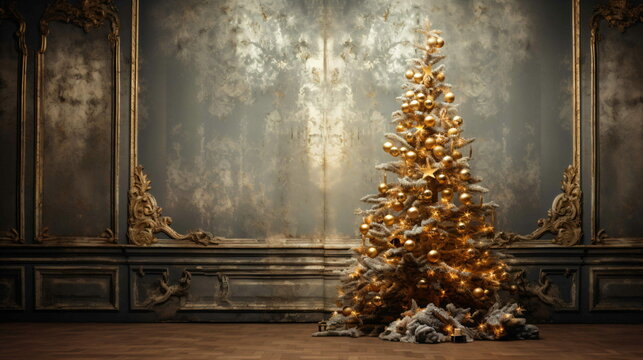A gold christmas tree in a dark old palace room