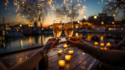 Toast of a couple of glasses with champagne to celebrate new year. Fireworks in the background. - obrazy, fototapety, plakaty