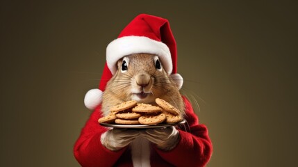 A chipmunk in santa claus outfit holding cookies, AI