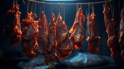 jerky hanging on a rope at a local market in a smokehouse, close-up - obrazy, fototapety, plakaty