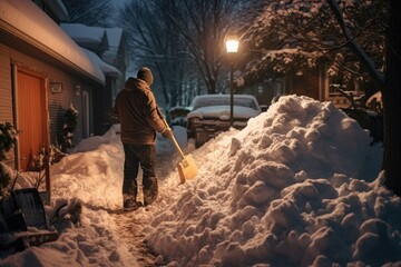 man clearing snow with a shovel in front of the house - obrazy, fototapety, plakaty