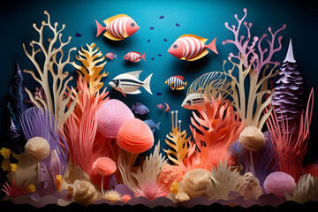 Fototapeta na wymiar A papercraft undersea world, with colorful coral reefs and an array of marine life that showcases the beauty of paper art. Ai Generated.NO.01