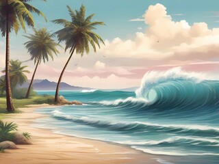 Fototapeta na wymiar view of waves on the beach, coconut trees, cartoon style design, digital illustration, pure background