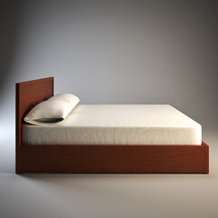 Wooden bed with white mattress isolated on white background.