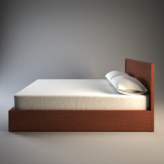 Wooden bed with white mattress isolated on white background.