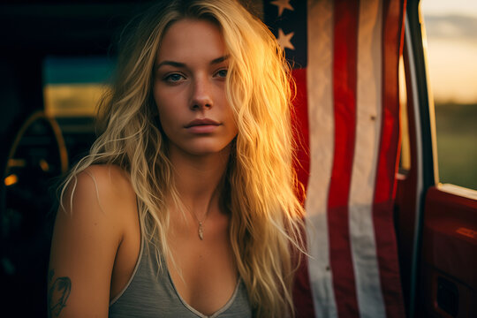 Portrait of a young woman in America's Heartland. Country music and pickup trucks, Made in the USA.