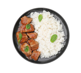 Delicious goulash with rice isolated on white, top view