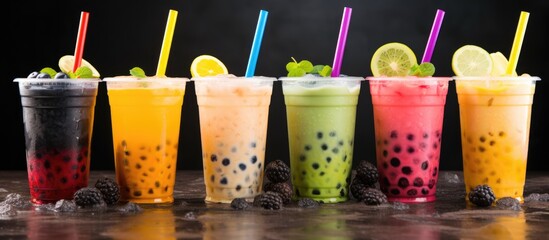 Colorful bubble drinks with fruit pieces on a black background