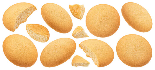 Falling sponge cakes, butter cookies isolated on white background