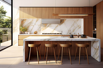 Fototapeta na wymiar Sleek Simplicity Minimalist Modern Kitchen with White Marble Stone Island, Dining Table, and Chairs. created with Generative AI
