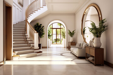 Elegant Welcome Modern Entrance Hall with Staircase in a Villa's Exquisite Interior Design. created with Generative AI